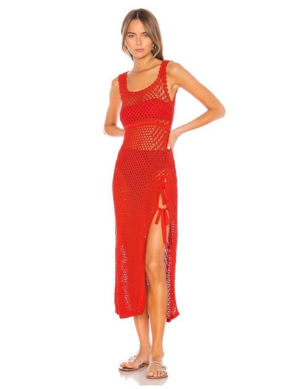 Camila Coelho Athena Crochet Midi Dress in Coral Red Sz XS
